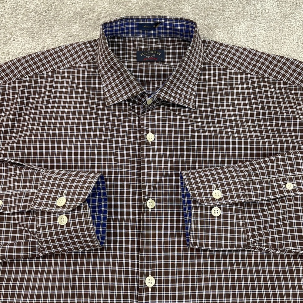 Paul & Shark Shirt Mens Large Yachting Brown Plaid Button Down Made in Italy